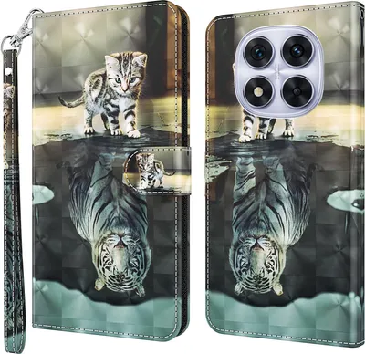 Produktbild von CLM-Tech Handyhülle kompatibel mit Xiaomi Redmi Note 14 Pro 5G Hülle - Tasche aus Kunstleder - Klapphülle mit Ständer und Kartenfächern - Schutzhülle Wallet Case Cover Katze Tiger
