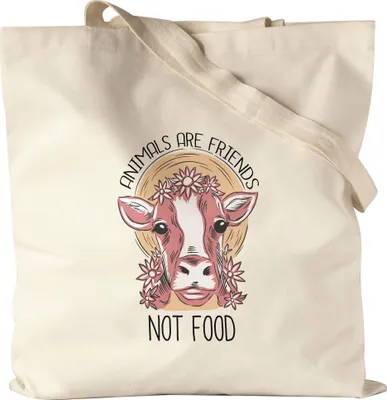Produktbild von Animals Are Friends Not Food Jutebeutel Stoffbeutel Canvas Vegan Vegetarier Motiv Süße Kuh Geschenkidee Tierwohl Tierleid