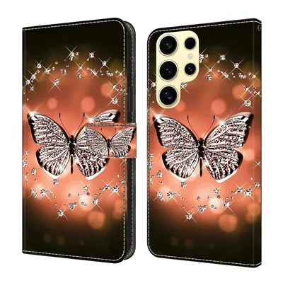 Produktbild von CLM-Tech Handyhülle kompatibel mit Samsung Galaxy S26 Ultra Hülle - Tasche aus Kunstleder - Klapphülle mit Ständer und Kartenfächern - Schutzhülle Wallet Case Cover Schmetterling Diamanten Muster