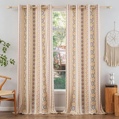 Productafbeelding van 2-delige set gordijnen, boho-patroon, waterdicht, met oogjes, geschikt voor slaapkamer, woonkamer, balkon, terras, beige, B132xH244cm