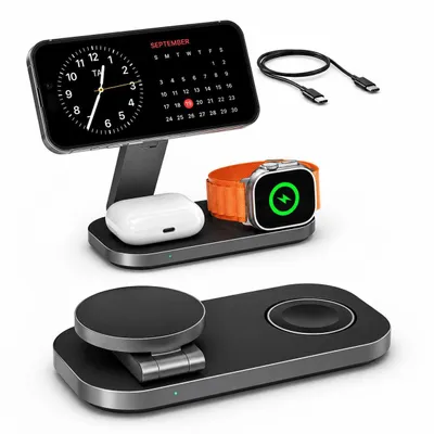 Produktbild von 3-in-1 Qi2 MagSafe Ladestation 25W für iPhone Watch AirPods Smartphone-Ladegerät Set, RUHE Ladegeräte, Faltbare 3-in-1 Qi2 Ladestation mit 25W