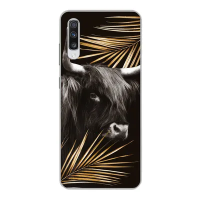 Produktbild von MuchoWow® Handyhülle Schutzhülle Hülle für Samsung Galaxy A70 Schottischer Highlander - Blätter - Gold Silikon Softcase Handy Hülle - Schutzhaube
