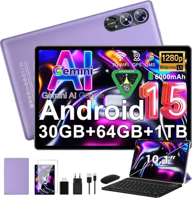 Android 15 Tablet 10 Zoll mit Gemini AI, Octa-Core Tablet PC, 30GB RAM 64GB ROM 1TB TF, Widevine L1, WiFi 6 BT 5.0, 6000mAh, Tastatur Maus Set