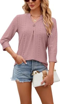 Produktbild von ASKSA Damen T-Shirt 3/4 aermel Aushoehlen Bluse V-Ausschnitt Sommer Tunika Elegant Shirts Tops, Hautpuder, Groesse: XXL