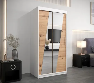 Produktbild von Kleiderschrank mit Spiegeln ERIKA – Breite 100 cm, weiß / Eiche artisan