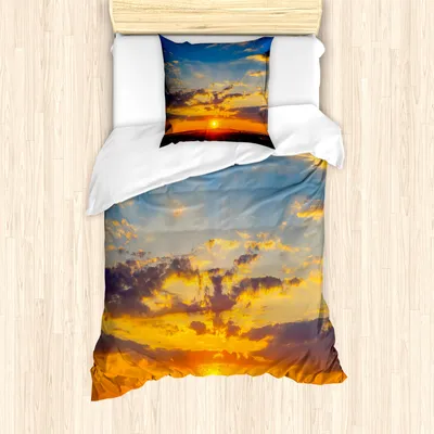Produktbild von ABAKUHAUS Gelb und Blau Mantele, Drastischer Sonnenuntergang, Milbensicher Allergiker geeignet mit Kissenbezügen, 135 cm x 200 cm - 80 x 80 cm, Orange Blue