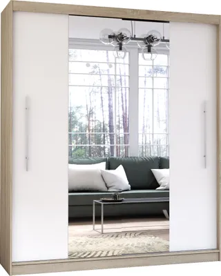 Produktbild von Schwebetürenschrank Kleiderschrank Schrank Garderobe Spiegel Torino (Sonoma/Weiß) + Spiegel 200cm