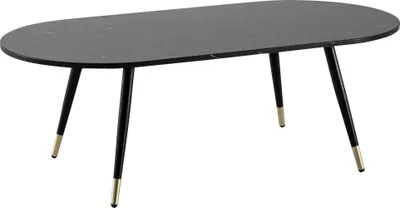 Ovaler Couchtisch mit schwarzer Marmoroptik-Platte und schwarzem Metallgestell, Gesamtansicht von oben.