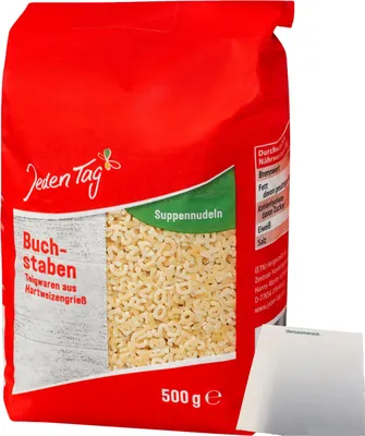 Produktbild von Jeden Tag Suppennudeln Buchstaben (500g Packung) + usy Block