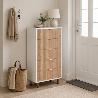 Image de Commode ProximaX avec 5 tiroirs, blanche, design moderne avec façade imitation bois et poignées dorées