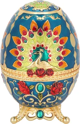 A decorative egg-shaped box with a peacock design.