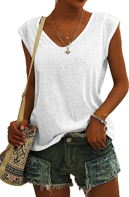 Produktbild von ASKSA Damen V-Ausschnitt Flügelärmeln T-Shirt Sommer Einfarbig Tank Top Basic Hemd Tee Tops, Weiß, M