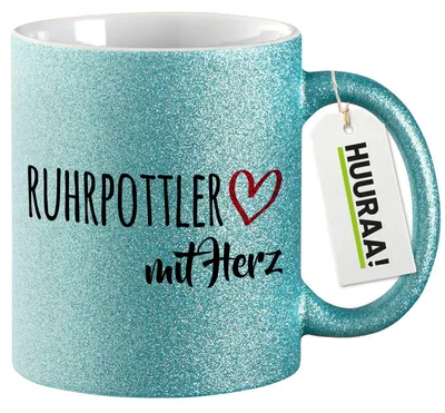Produktbild von Huuraa Glitzertasse Ruhrpottler mit Herz 330ml Blau Keramik Kaffeebecher Geschenkidee
