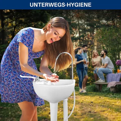 Obrázok produktu pre Prenosné umývadlo na umývanie rúk SereneLife, 24 l odpadová nádrž, pojazdné kolieska, rýchla montáž vonkajšieho umývadla s nožným čerpadlom a dávkovačom mydla