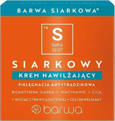 The image shows the packaging of a skincare product, specifically a cream. The packaging is predominantly orange and blue, with text and a periodic table element symbol for Sulfur.