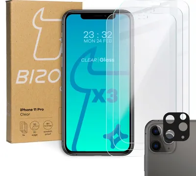 Produktbild von Bizon Glass Clear gehärtetes Glas - 3 Stück + Linse, iPhone 11 Pro