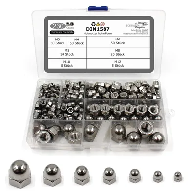 Obrázek produktu pro Sada šroubových matic – 230 kusů, ocel A2 V2A, hexagonální, velikosti M3-M12