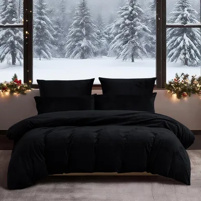 Produktbild von Winter Bettwäsche Set 220x240 cm Schwarz 3-teilig Plüsch Mikrofaser Kuschelig Warm