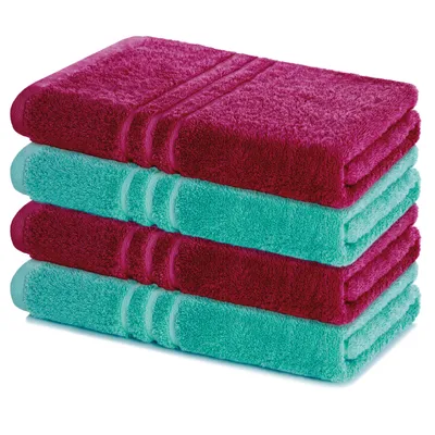 Produktbild von Lavea® 4er Set Duschtuch 70x140, 4 Stück, 100% Baumwolle Frottee, saugstark, weich und strapazierfähig, waschbar 60°C, trocknergeeignet, Handtuch, Handtücher, Duschtücher, Bordeaux & Türkis