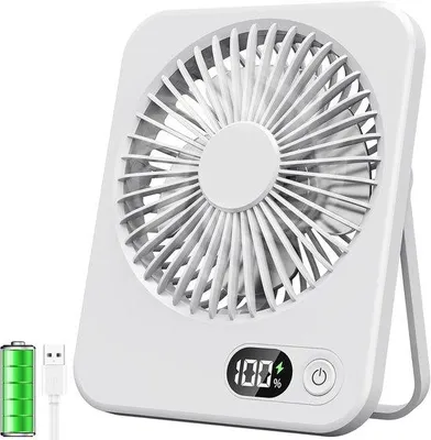 Obrázek produktu pro Kompaktní USB ventilátor, přenosný ventilátor s LCD displejem, baterie 2500 mAh, tichý ventilátor, 5 rychlostí, malý dobíjecí ventilátor do kanceláře, domů nebo na kempování (bílý)