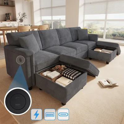 Image de Canapé d'angle modulaire Merax, 4 places, avec repose-pieds offrant un espace de rangement, convertible en forme en L ou en U, revêtement en velours, ports USB et Type-C, dimensions : 261 x 134 x 82 cm, couleur : gris