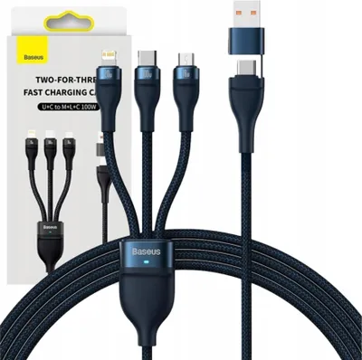 Immagine prodotto di Cavo Usb 3W1 Baseus Flash Serie 2, Usb-C + Micro Usb + Lightning, 100W, 1,2M (Niebieski)