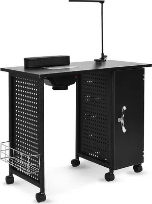 A black manicure table with a lamp and a hand rest.
