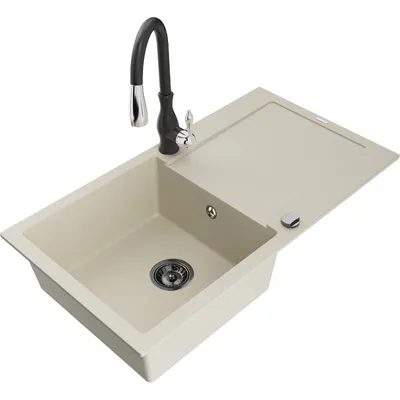 Produktbild von Mexen Leo 1 Becken-Granitspüle mit Abtropffläche und Mischbatterie Savita, Beige - 6501-69-672601-70