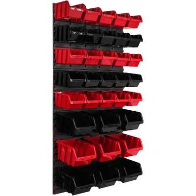 Image de Panneau à outils mural 57,6 x 117 cm avec 34 pcs. Boîtes suspendues rouges et noires Boîtes empilables