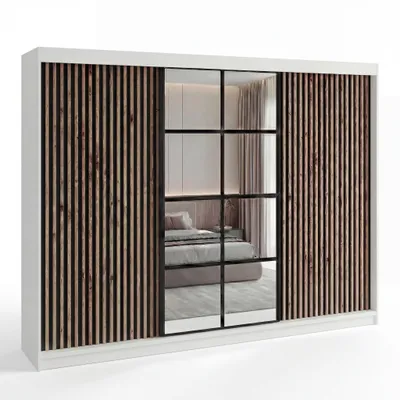 Produktbild von Schwebetürenschrank, 3-türig Schrank mit 4 Schubladen, und 3D-Lamellen. Kleiderschrank NORIVO 200 cm