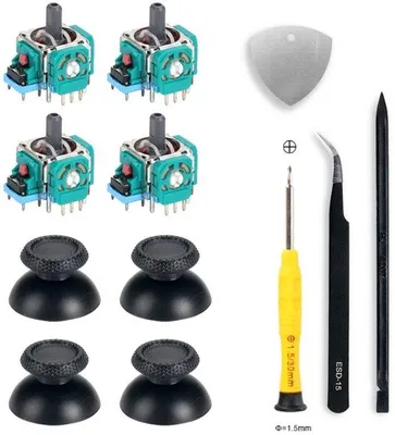 Immagine prodotto di Kit di riparazione per controller PlayStation 5 con cacciavite per lo smontaggio, pinzette e coperture per i joystick.