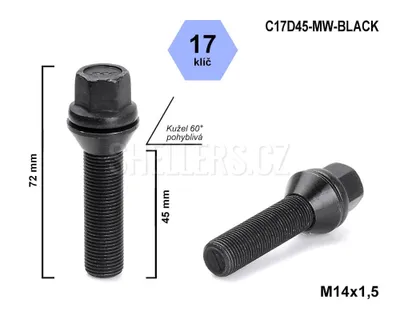 Obrázek produktu pro Kolový šroub M14x1,5x45 kužel pohyblivý, černý, klíč 17, C17D45-MW-BLACK, výška 72 mm