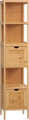 Produktbild von kleankin Badezimmerschrank Hochschrank aus Bambus mit 3 Regalen und 2 Schubladen, Kippschutz, Mehrzweck Beistellschrank für Badezimmer,