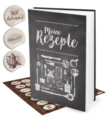 Produktbild von Geschenk-Set: XXL Rezeptbuch zum Selberschreiben TAFEL-KREIDE-LOOK + 1 Kochlöffel mit HERZ schwarz-weiß-grau DIN A4, 164 Seiten + Register zum freien Gestalten, DIYmit Vintage-Sticker