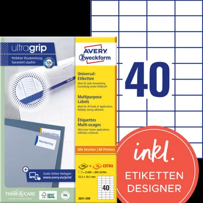 Produktbild von Avery Zweckform 3651-200 Universal-Etiketten, A4 mit ultragrip,  52,5 x 29,7 mm, weiß