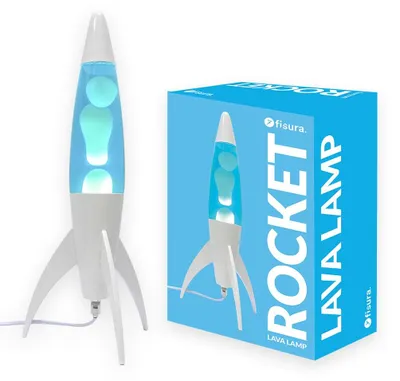 Produktbild von FISURA - Lavalampe Rakete in Blau. Weiße Basis, blaue Flüssigkeit und weiße Lava