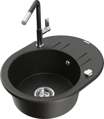 Produktbild von Mexen Kevin 1 Becken-Granitspüle mit Abtropffläche und Mischbatterie Flora, Schwarz/Gold metallisch - 6517-75-670401-07