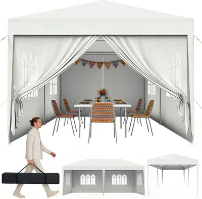 Image de UISEBRT Tente pliante 3x6 m blanche Tente de réception, pavillon de jardin avec panneaux latéraux et fenêtres, protection UV Pavillon pop-up d'extérieur, chapiteau Tente de réception