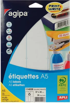 Produktbild von Agipa – weiße Etiketten Print Write ft 97 x 46 mm (B x H), 96 Stück, 6 pro Blatt