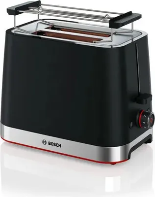 A black and silver Bosch toaster with a chrome rack on top, shown on a white background.