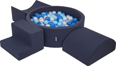 Produktbild von KiddyMoon spielplatz aus schaumstoff mit rund bällebad (200 bälle) ballgruben für babys spielbad hindernisläufen, hergestellt in der eu, dunkelblau:babyblue/blau/perle