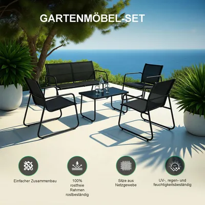 Produktbild von Black Forest Gartenmöbel-Set aus Textil, zwei Stühle + Liege + ausziehbarer Tisch, schwarz