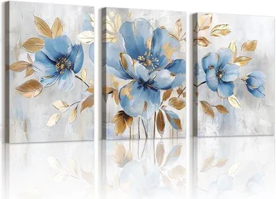 Productafbeelding van Famanu wanddecoratieset bestaande uit 3 canvasprints - Blauw-goud - Bloemen - Modern