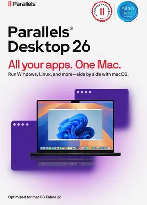 A laptop displaying a Windows 11 interface, surrounded by purple graphical elements, with Parallels branding and promotional text.