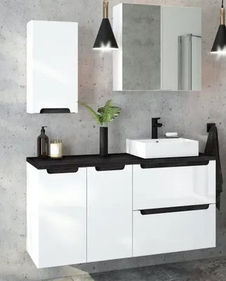 Produktbild von Badmöbel Set Hochglanz weiß mit Beton-Dunkel SOFIA-107 mit 40cm Keramik-Waschtisch & Spiegelschrank, B/H/T ca. 120/200/46 cm