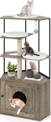 A multi-level cat tree with a built-in cabinet, featuring platforms, scratching posts, and a cat hole.