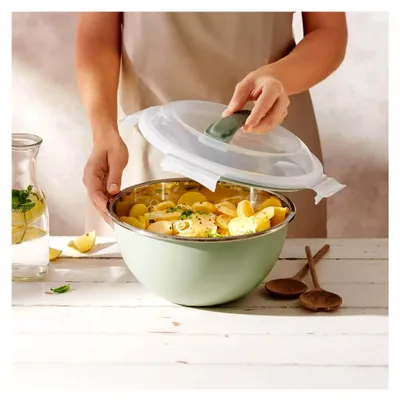 Produktbild von Edelstahlschüssel mit Deckel – Rührschüssel mit Transportverschluss und Silikonboden, 3 Liter – auslaufsicher, rostfrei und spülmaschinenfest