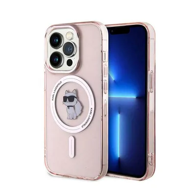A pink iPhone 14 Pro case with a Karl Lagerfeld Choupette graphic and MagSafe ring, shown next to the phone.
