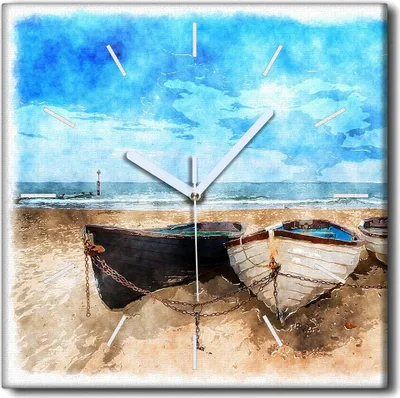 Produktbild von Coloray Uhr auf Leinwand 30x30 cm Wand Uhr Dekoration Wohnzimmer Segeltuch weiße Zeiger -Schiffstrandlandschaft.