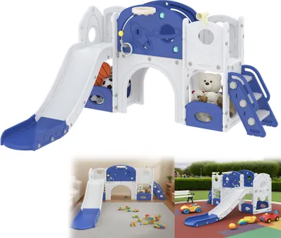 Produktbild von UISEBRT 8-in-1 Kinderrutsche mit Klettergerüst - Freistehende Rutsche, Tunnel, Kletterleiter & Basketballkorb, Kinder Spielset mit Stauraum, Indoor & Outdoor